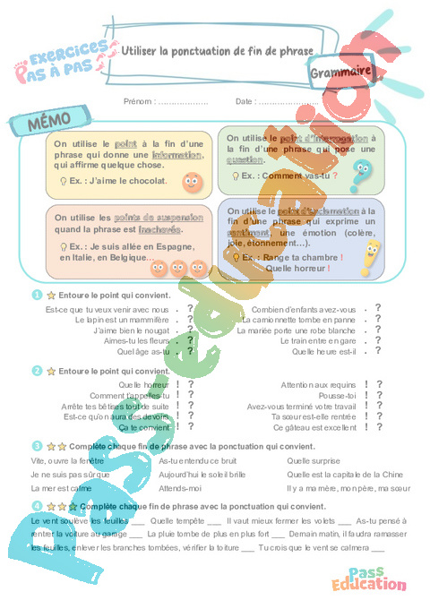 Leçon, exercice et évaluation :<br/> Utiliser la ponctuation de fin de phrase : CE2