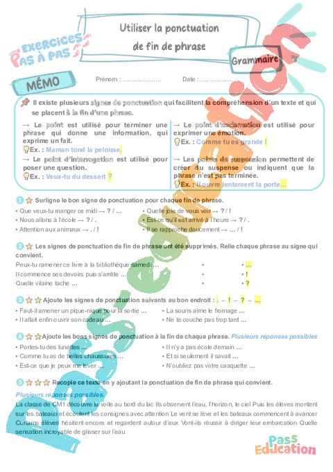 Leçon, exercice et évaluation :<br/> Utiliser la ponctuation de fin de phrase : CM1