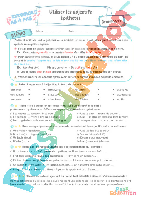 Cours et exercice : Utiliser les adjectifs épithètes : 6ème