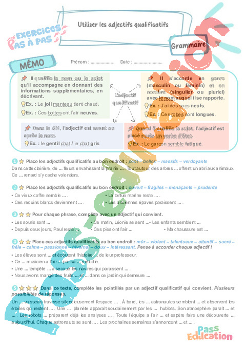 Leçon, exercice et évaluation :<br/> Utiliser les adjectifs qualificatifs : CM2