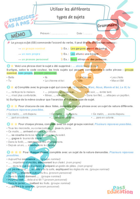 Leçon, exercice et évaluation :<br/> Utiliser les différents types de sujets : CM1