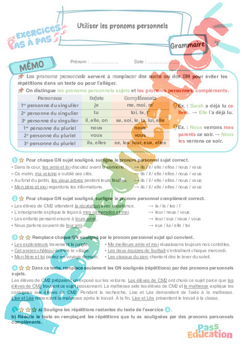 Leçon, exercice et évaluation :<br/> Utiliser les pronoms personnels : CM2