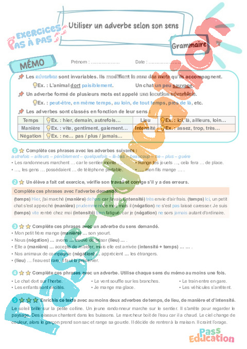 Leçon, exercice et évaluation :<br/> Utiliser un adverbe selon son sens : CM2