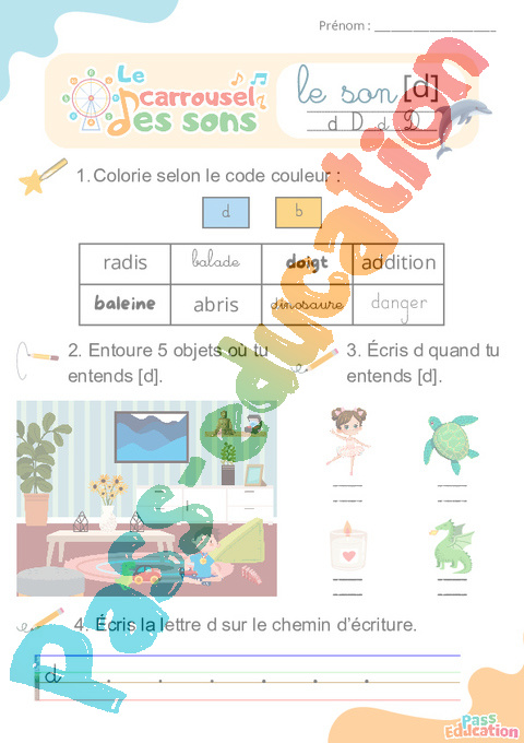 Leçon, exercice et évaluation :<br/> [d] d – Son simple : CE1