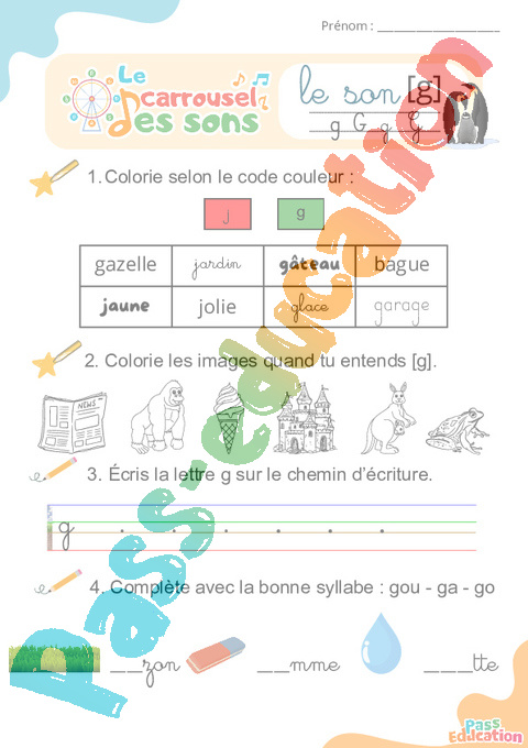 Leçon, exercice et évaluation :<br/> [g] g, gu – Son simple : CP