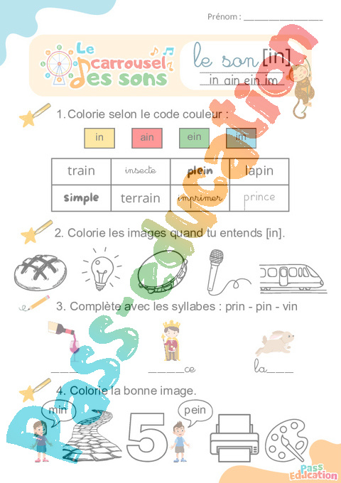 Leçon, exercice et évaluation :<br/> [in] un, in, ain, ein – Son simple : CP
