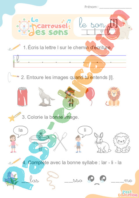 Leçon, exercice et évaluation :<br/> [l], l – Son simple : CP