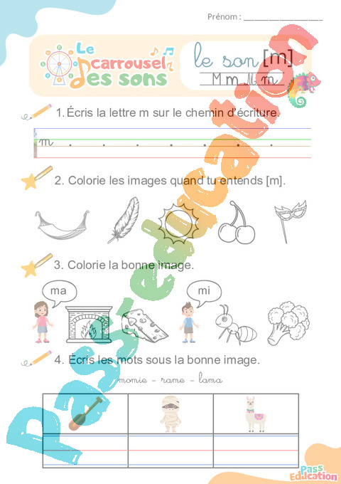 Leçon, exercice et évaluation :<br/> [m], m – Son simple : CE1