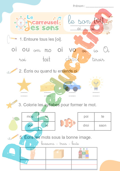 Leçon, exercice et évaluation :<br/> [oi], oi – Son simple : CE1