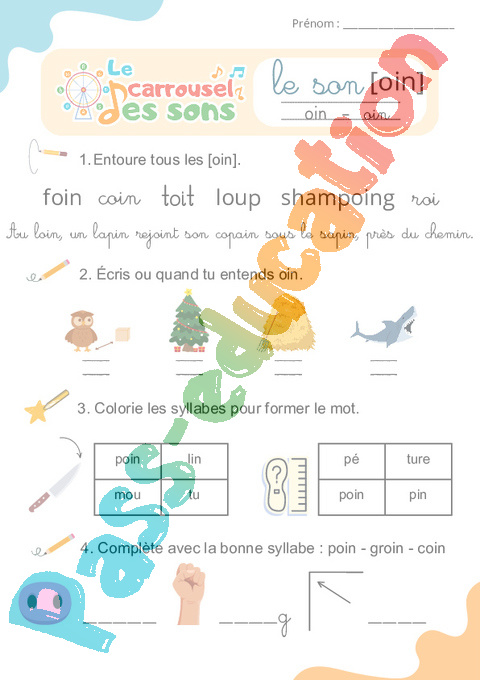 Leçon, exercice et évaluation :<br/> [oin] : CE1