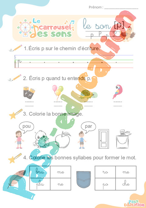 Leçon, exercice et évaluation :<br/> [p], p – Son simple : CP