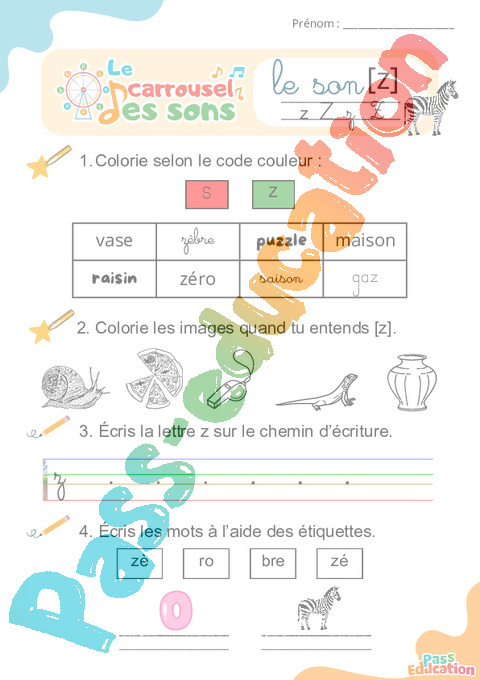 Leçon, exercice et évaluation :<br/> [z] s, z – Son simple : CE1