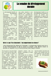 Semaine du développement durable – Lecture compréhension – Sciences : 3eme, 4eme, 5eme Primaire