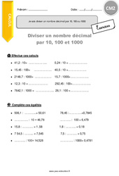 Comment diviser un nombre décimal par 10, 100 ou 1000 - CM2 - Exercices avec correction - PDF à imprimer