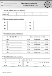 Exercices - Nombres de 40 à 49 – Cp – Cycle 2 - PDF à imprimer
