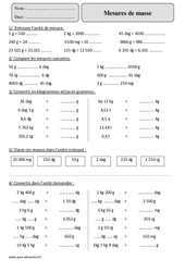Mesures de masse – Masse g, kg - Cm2 – Exercices avec correction - PDF à imprimer