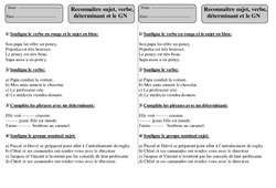 Sujet – Verbe – Déterminant – Groupe Nominal – Ce1 - Exercices - PDF à imprimer