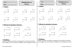Multiplication en colonne – Ce1 – Exercices avec correction