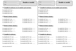 Double et moitié – Ce1 – Exercices  - PDF à imprimer