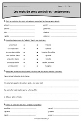 Mots de sens contraires - Antonymes - Cm1 - Exercices  - PDF à imprimer