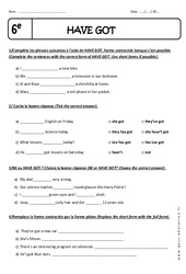Have got - Forme contractée – 6ème – Exercices avec correction - PDF à imprimer