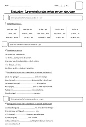 Terminaison des verbes en -cer, -ger, -guer - Cm1 - Evaluation - PDF à imprimer
