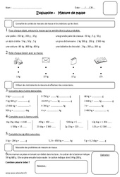 Masse g, kg - Cm1 - Evaluation - Mesure de masse - PDF à imprimer