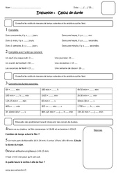 Calcul de durée - Temps - Cm1 - Evaluation - Secondes, minutes, heures - PDF à imprimer
