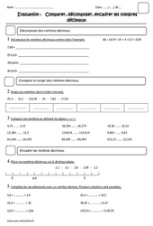 Nombres décimaux - Cm2 - Evaluation - Comparer, décomposer, encadrer - PDF à imprimer