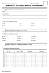 Multiplication des nombres entiers - Cm2 - Evaluation - PDF à imprimer