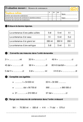 Mesures de contenances au Cm1 - Evaluation, bilan - PDF à imprimer
