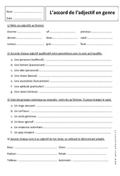 Accord de l'adjectif en genre – 6ème – Exercices corrigés - PDF à imprimer