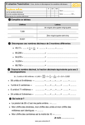 Lire, écrire et décomposer des nombres décimaux  - Evaluation pour le Cm2 - PDF à imprimer