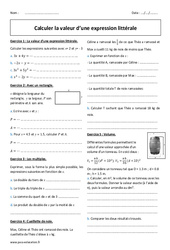 Expression littérale - Calculer la valeur - 4ème - Exercices  - PDF à imprimer