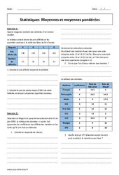 Moyennes pondérées - Moyennes - 4ème - Exercices  sur les statistiques - PDF à imprimer