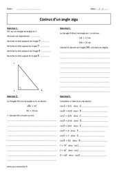 Cosinus - Angle aigu - 4ème - Exercices  - PDF à imprimer