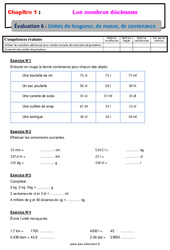 Unités de longueur, de masse, de contenance - 6ème - Evaluation avec la correction sur les nombres décimaux - PDF à imprimer