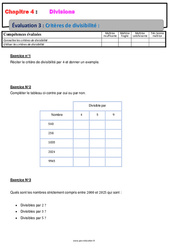 Critères de divisibilité - 6ème - Evaluation, bilan, contrôle avec la correction - Divisions - PDF à imprimer