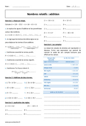 Nombres relatifs - Addition - 5ème - Exercices corrigés - PDF à imprimer