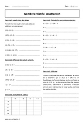 Soustraction des nombres relatifs – 5ème – Exercices avec correction - PDF à imprimer