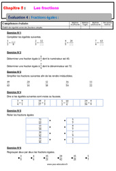 Fractions égales - 6ème - Evaluation, bilan, contrôle avec la correction