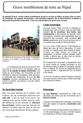 Grave tremblement de terre au Népal le 25 avril 2015 - Cm1 - Cm2 - Lecture documentaire - PDF à imprimer