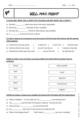 Modaux - will , may, might - 4ème - Exercices corrigés - PDF à imprimer