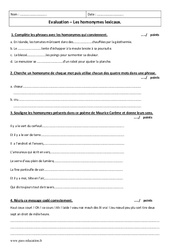 Homonymes lexicaux - 6ème - Contrôle corrigé - PDF à imprimer
