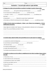 Accord sujet-verbe et sujet-attribut - 6ème - Evaluation - PDF à imprimer