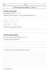 Polynômes de degré 2 - Première - Exercices  sur les fonctions - PDF à imprimer