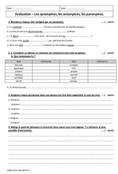 Synonymes, antonymes, paronymes - 6ème - Evaluation