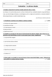 Phrase simple - 6ème - Evaluation  - PDF à imprimer
