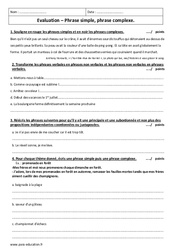 Phrase simple - Phrase complexe - 5ème - Evaluation - PDF à imprimer