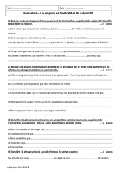 Indicatif - Subjonctif - 5ème - Contrôle sur les emplois - PDF à imprimer